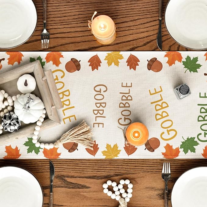 Artoid Mode Gobble Turkey Maple Leaves Thanksgiving Table Runner, Seasonal Fall Harvest Holiday Kitchen Dining Table Decoration for Indoor Outdoor Home Party Decor 13 x 90 Inch