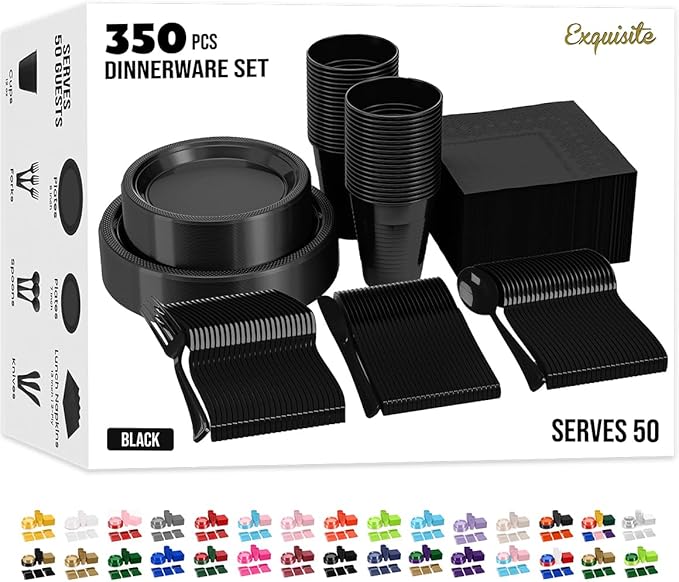 Party Solids 350 Pieces Black Plastic Plates For Party, Black Disposable Plates Set, 50 Of Each 9" Dinner Plate Set, 7" Dessert Plate, Cups, Napkins & Cutlery Plastic Dinnerware