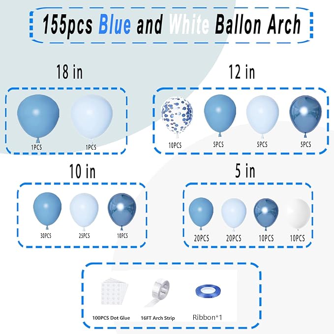 Blue Balloons Arch Garland Kit,155pcs Pastel Blue Confetti Balloons Metallic Macaron Confetti Balloons for Baby Birthday Wedding Ocean Themed Party Decoration