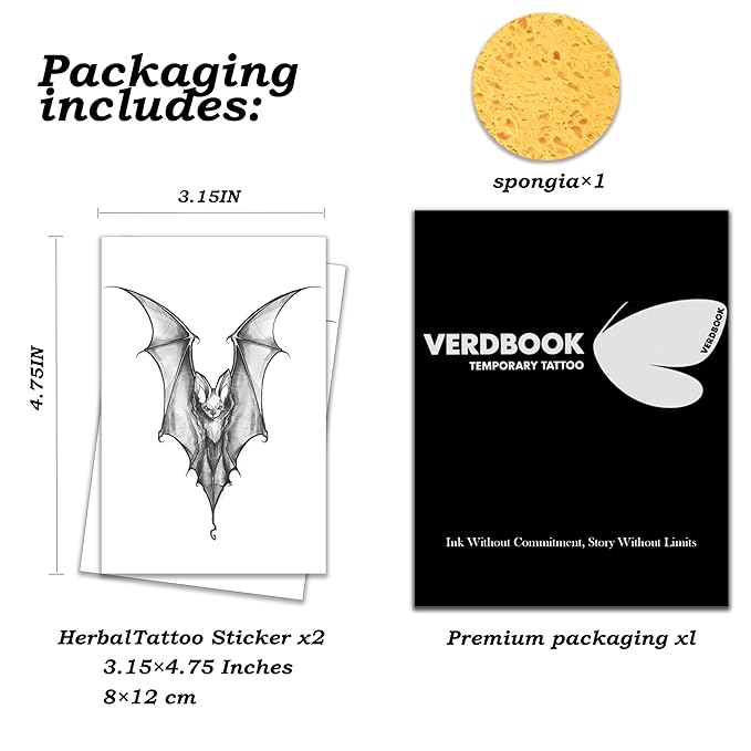 Waterproof Temporary Tattoos: 2-Sheet Tattoo Kit with Realistic Body Stickers, Semi-Permanent Tattoos for Adults Lasting 7-15 Days – Safe for Men & Women, Bat Tattoo Pattern