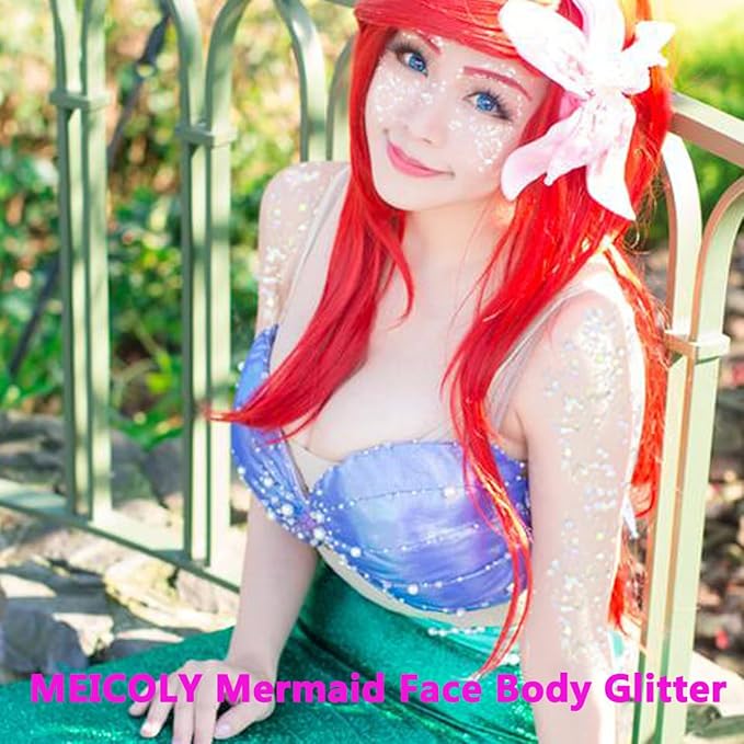 MEICOLY Clear White and Silver Body Glitter Set, Mermaid Face Glitter Gel, Singer Concerts Festival Rave Accessories, Chunky Sequins Glitter Paint for Women and Kids, Sparkling Makeup
