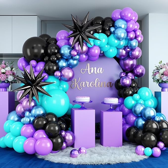 Black Purple Blue Balloon Arch Kit,Teal Balloon Garland with Star Foil Balloons for Kids Video Game Baby Shower Engagement Party Decorations