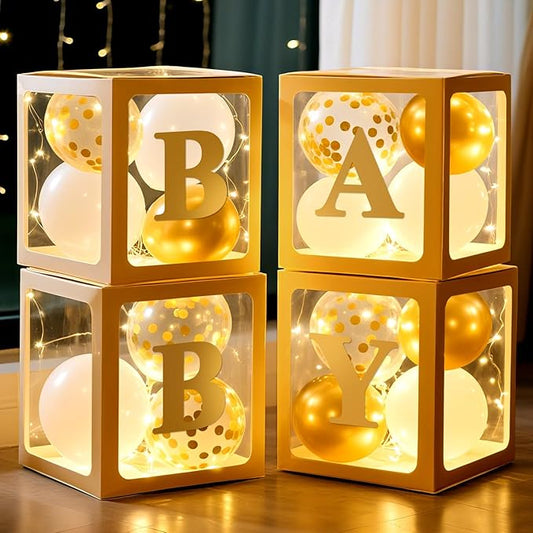 Ledido Baby Boxes with Letters for Baby Shower Decoration, 4 pcs Clear Baby Balloon Boxes Blocks with LED Fairy String Lights 38 Balloons for Boy Girl Gender Reveal Birthday Party (Gold)