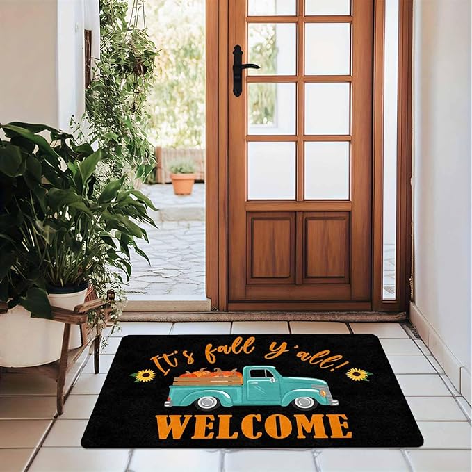 InterestPrint Fall Welcome Door Mat, Fall Truck Harvest Pumpkin Doormat for Front Door Outdoor Outside Entrance Porch Non Slip Rubber Rug Autumn Halloween Thanksgiving Farmhouse Decor, 30"x18"inch