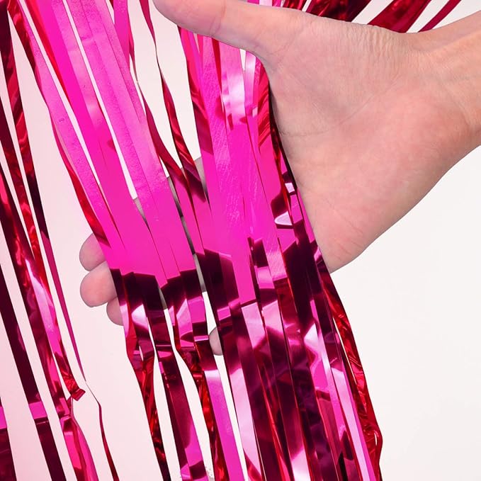 2 Pcs 3.2ft x 8.2ft Shiny Hot Pink Metallic Tinsel Foil Fringe Curtains Photo Booth Backdrop for Birthday Wedding Holiday Celebration Bachelorette Party Decorations