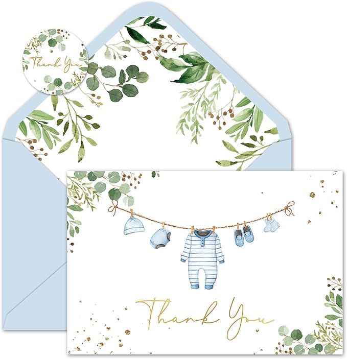 Whaline 50 Pack Baby Shower Thank You Cards Boxed Blue Cloth Note Card with Envelopes Stickers Greeting Blank Cards for Boy Birthday Baby Shower