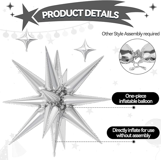 18 Pcs Silver Star Balloons, Silver Balloon with 6 Pcs 22-Inch Explosion Star Balloons 12Pcs 10-Inch Four Pointed Stars Foil Balloon for Anniversary Wedding Disco Birthday Party Decorations