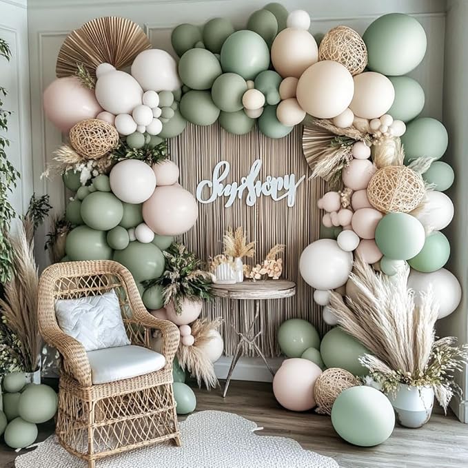 Sage Green White Balloon Garland Double Stuffed Dusty Green Cream Sand White Beige Latex Neutral Balloons Arch Kit for Boho Baby Bridal Shower Birthday Wedding Baptism Decoration