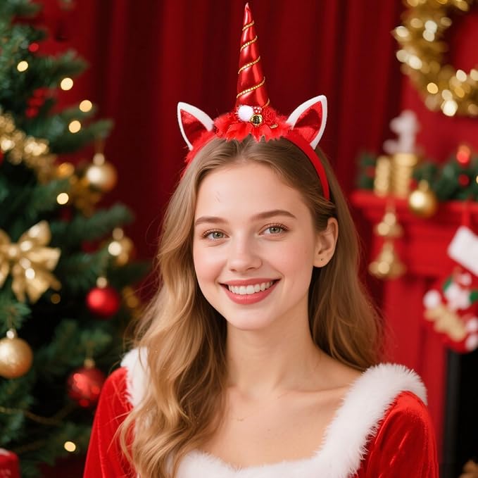 Christmas Unicorn Headband for Women - Festive Red Glitter Unicorn Ear Hairband, Cute Holiday Party Headwear for Xmas, New Year, Costume, Photo Props, Family Accessories