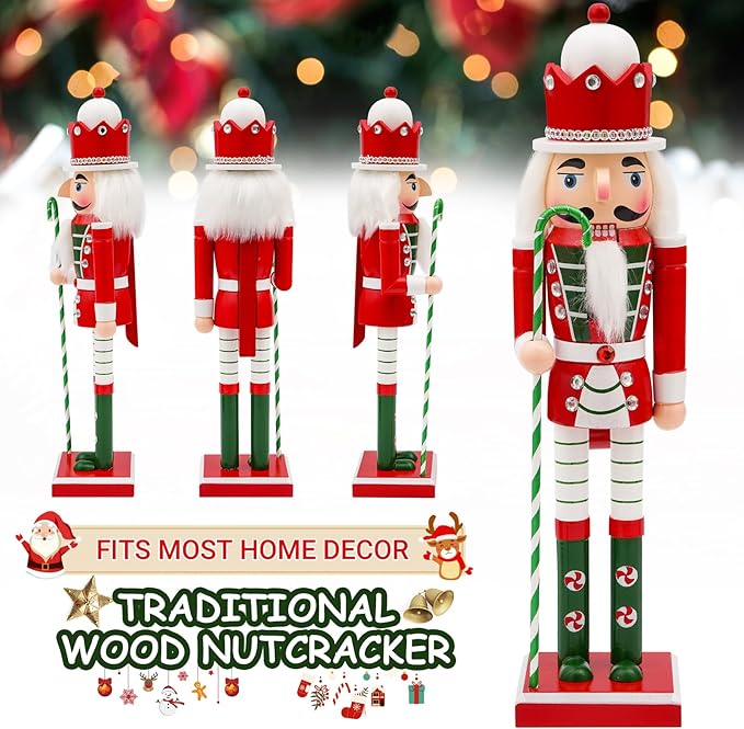 14" Wooden Candycane Nutcracker, Festive Christmas Decoration, Handcrafted Candycane Themed Nutcracker Collectible Christmas Decor for Tabletop, Shelves, and Fireplace Mantel(Candycane)