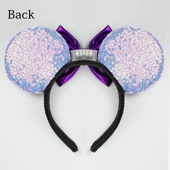 LED Mouse Ear Light Up Headband, Sequin Purple Bow Hairband, Flash Glowing Party Decoration Headwear Hair Accessories for Women Girls