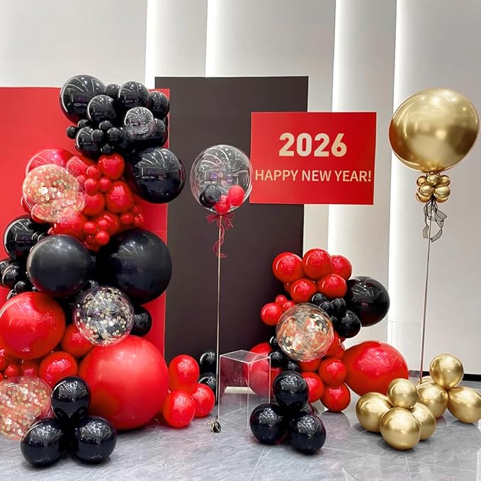 Red Black Gold Balloons Arch Kit with Gold Confetti, 166Pcs Red Gold Black Balloons Garland for Birthday Wedding Anniversary Movie Casino Night Hollywood New Years Festival Decorations