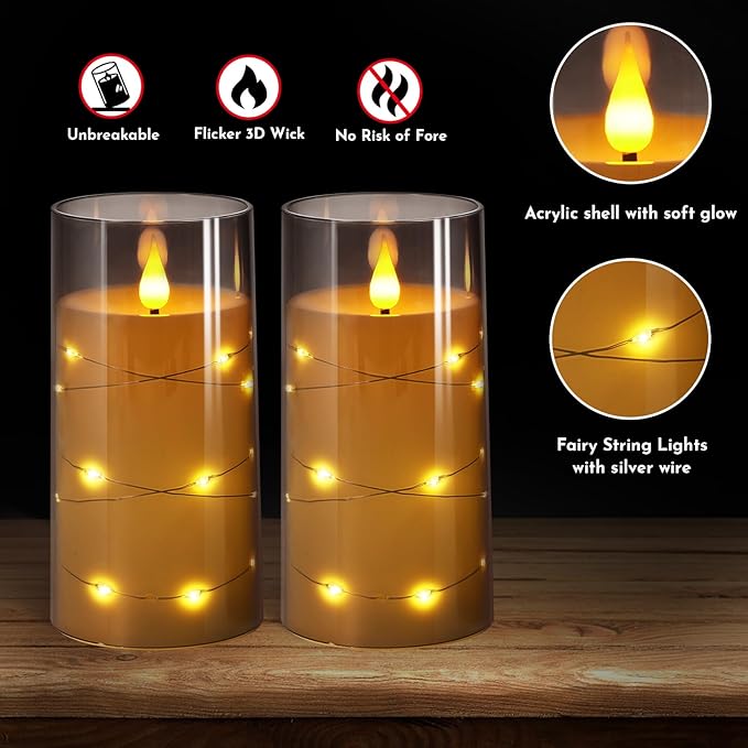 NURADA Flickering Flameless Candles: Built-in Star String Lights 3D Wick Acrylic Battery Operated LED Pillar Candles with Remote and Timer for Wedding Birthday Christmas Decor - Gray 2 Pack