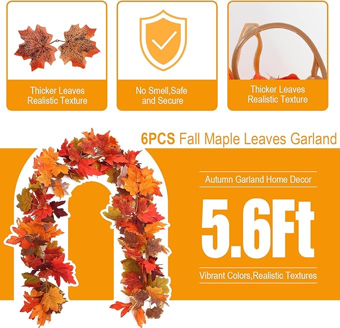 Joyhalo 6 Pack Fall Garland, Autumn Leaves Garland for Mantle Indoor Outdoor Fall Decorations for Home,Hanging Maple Leaf Foliage Vines for Fireplace, Front Door, Porch and Thanksgiving Decor