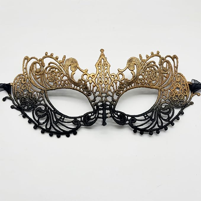 TFTSR Masquerade Masks for Women Couples & Men - Mardi Gras & Venetian Dress Mask in Black & Gold Adults Party Lace Costume