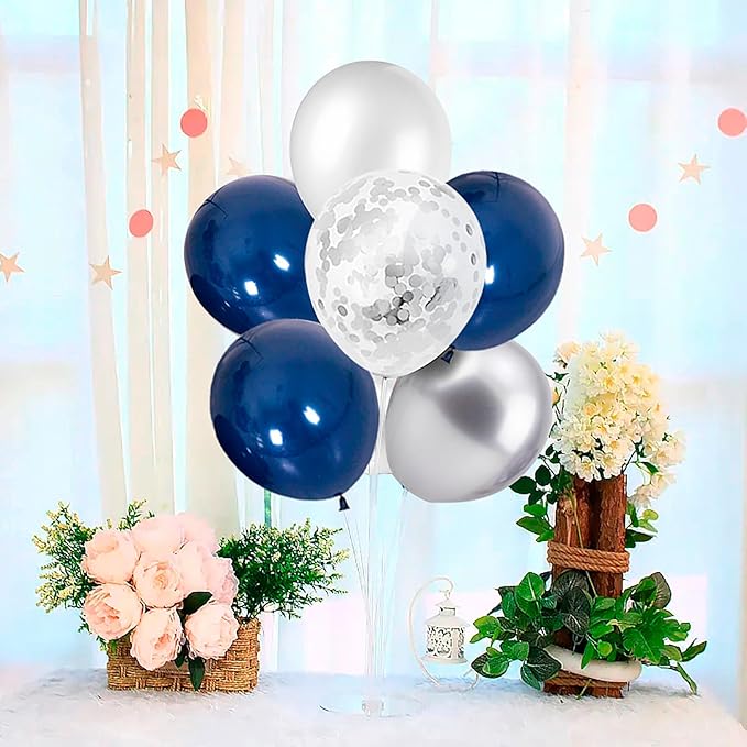 6 Set Balloon Stand with Blue and Silver Balloons Centerpiece Table Decorations Birthday Graduation Bridal Shower Wedding Anniversary Father's Day Retirement New Years Decorations 2025