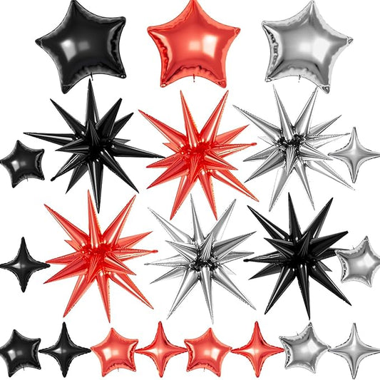 21 Pcs Star Balloons,22/18/10 Inch Star Foil Mylar Balloon,Spike Balloon and Four Pointed Balloons for Party Supplies Christmas Birthday Wedding Photo Booth (Silver Black Red)