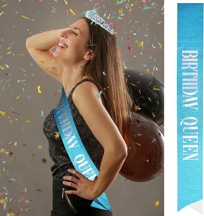Birthday Crowns for Women, Tiaras and Crown for Women, Tiara for Women Birthday Queen, Birthday Crown and Sash for Women, Blue Rhinestone Queen Tiara with Birthday Girl Sash, Birthday Princess Tiara