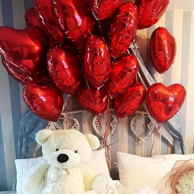 Red Heart Balloons, 18 Inch Metallic Red Foil Balloon Helium 10Pcs Large Ruby Heart Shape Foil Balloons for Wedding Girls Women Birthday Anniversary Bachelorette Valentines Day Baby Shower Mother Day