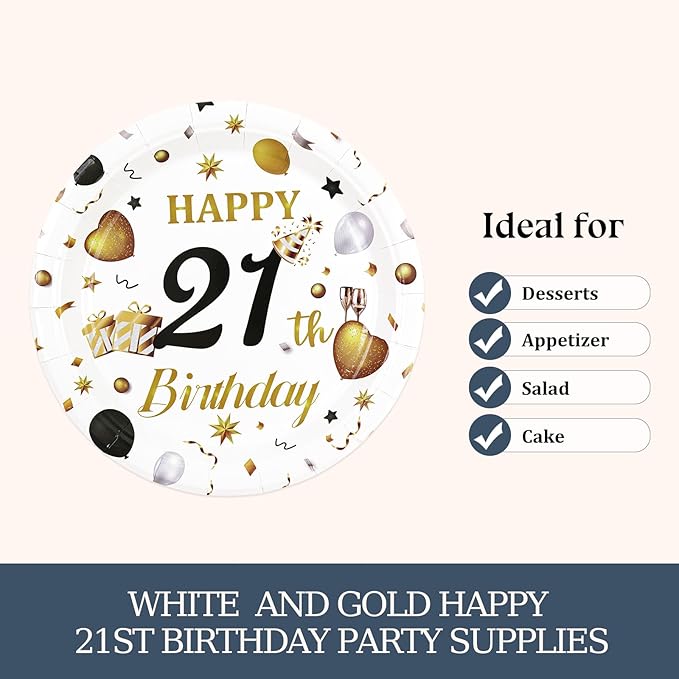 75PCS 21st Birthday Paper Plates and Napkins Party Decorations, 7 Inch White and Gold 21st Birthday Plates Napkins Cheers to 21 Years Tableware Set Party Supplies for Her Him