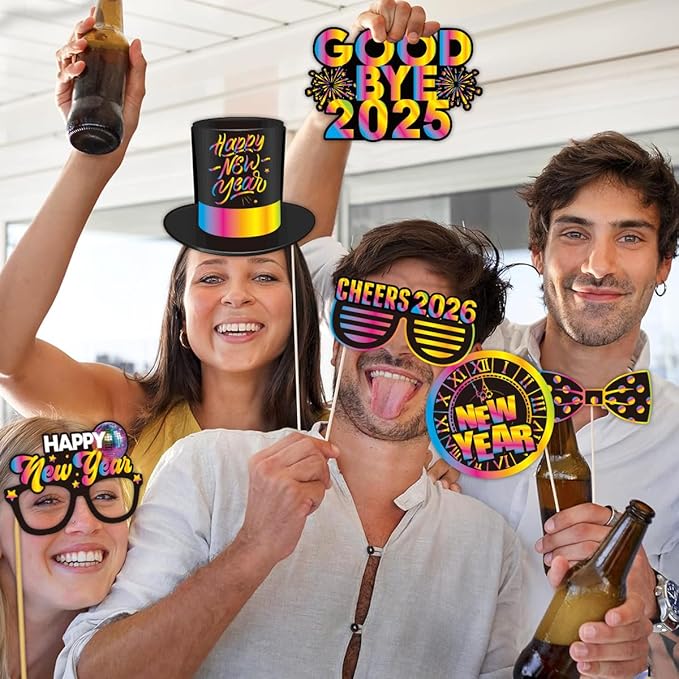 Glitter New Year’s Photo Booth Props 2026 - Pack of 30 | Eve 2026, Happy Decorations Party Supplies