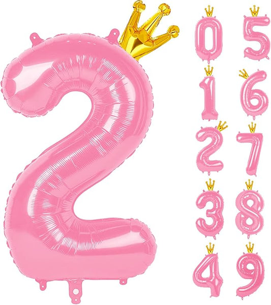 40 Inch Pink Number Balloon 0-9(Zero-Nine) with Crown, Big Size Happy Birthday Balloon, Foil Helium Big Number Balloon for Birthday Party,Wedding, Anniversary (PINK 2)