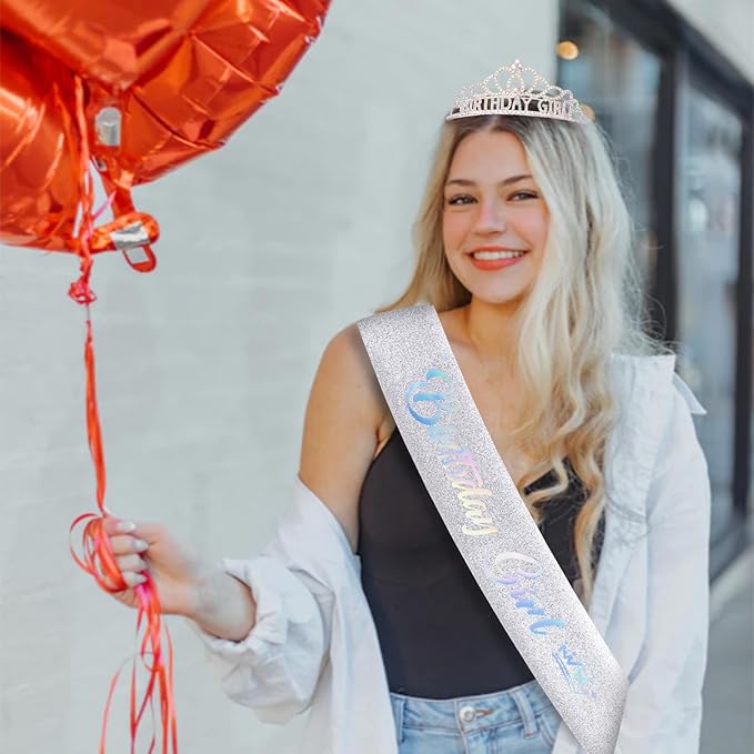 CAVETEE Birthday Headband for Women，Silver Birthday Crowns & Sash - Queen Tiara for Party