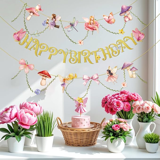 SUNBEAUTY Fairy Garden Birthday Banner Butterfly Mushroom Floral Party Decor for Girls Baby Shower, First Birthday, Summer Fall Theme Celebration, Outdoor Indoor Fairy Tale Decorations