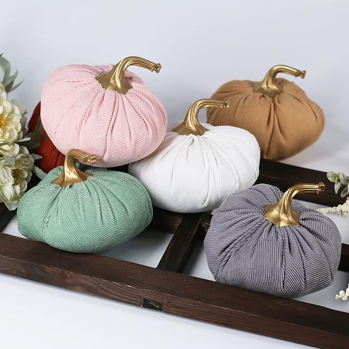 Ogrmar 6 Pack Fabric Artificial Pumpkins Set Corduroy Fabric Decoration Pumpkins Lifelike Harvest Pumpkins for Halloween Fall Harvest Festival, Thanksgiving Decoration