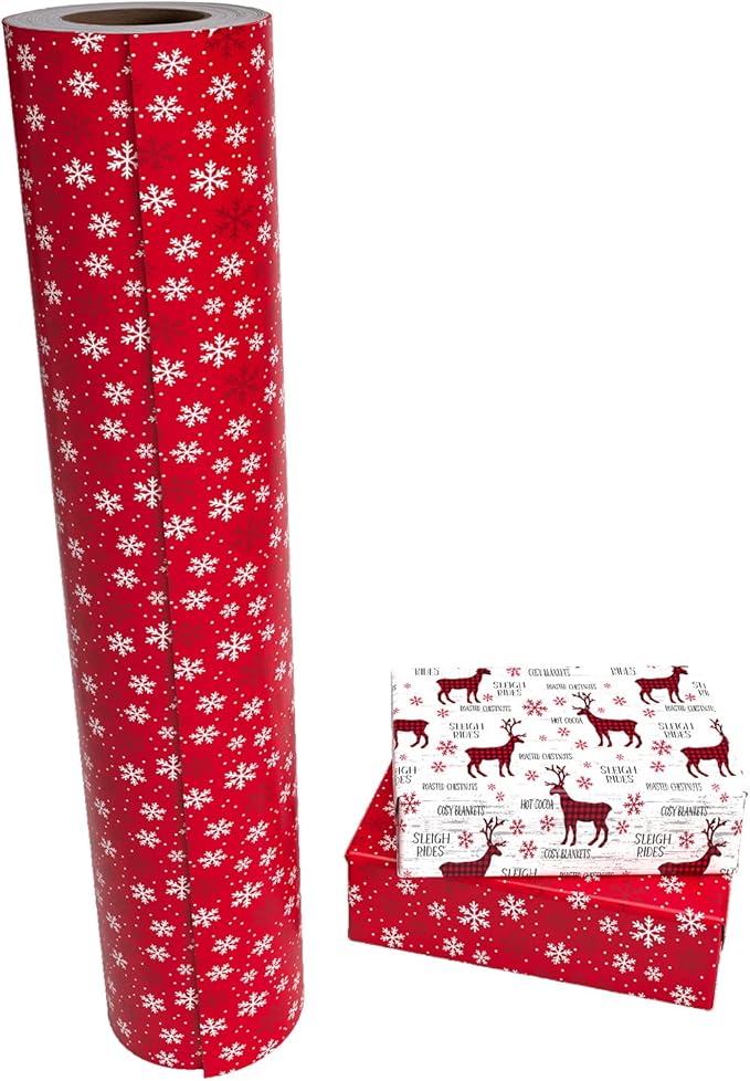 WRAPAHOLIC 30 Inch Jumbo Reversible Christmas Wrapping Paper - 30 Inch x 100 Feet Jumbo Roll Red White Reindeer and Snowflake Wrapping Paper for Christmas, Holiday, Party