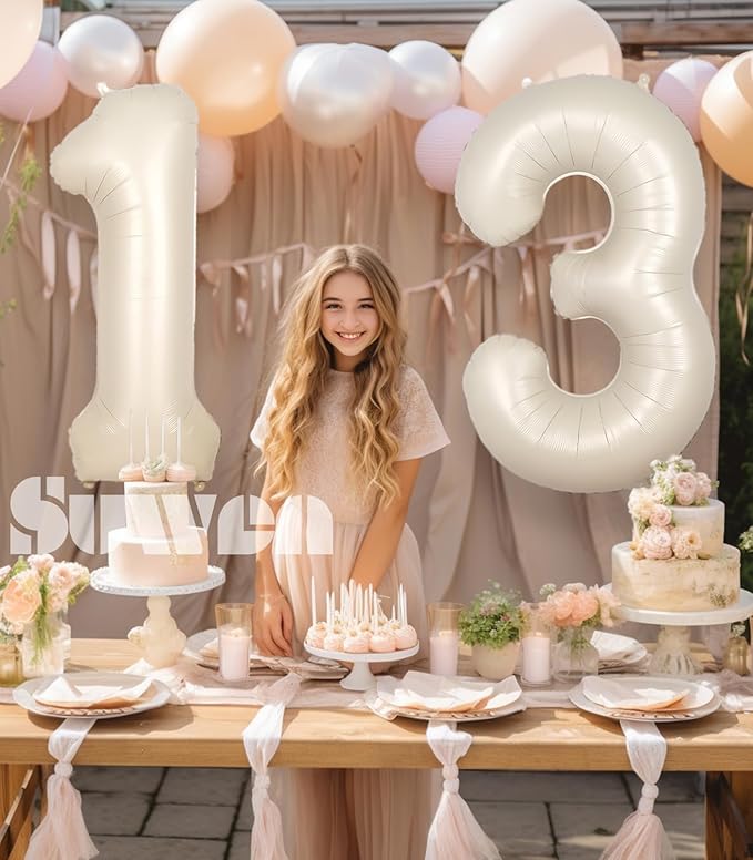 SUWEN 40 Inch Cream White Large 13 Number Balloons Big Foil Helium Number Balloons 0-9 Jumbo Happy 13th Mylar Birthday Party Decorations for Boy or Girl 31 Anniversary Party Supplies