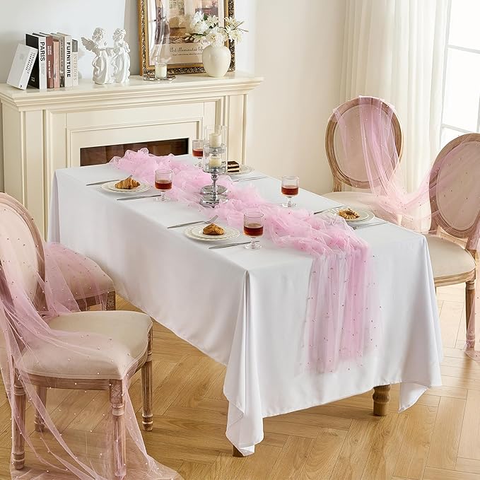 Fanami 6 Pack Pearl Table Runner -10FT Blush Pink Boho Tulle Table Runners 120 Inches Long Rustic Sheer Lace Fabric Centerpieces for Wedding Arch Birthday Party Bridal Veil Baby Shower Decorations