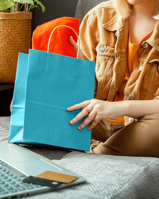 qiqee Sea Blue Gift Bag with Handles Bulk 24Pcs Paper Bags -10.6"x8.3"x4.3"Party Favor Bags - Solid Color