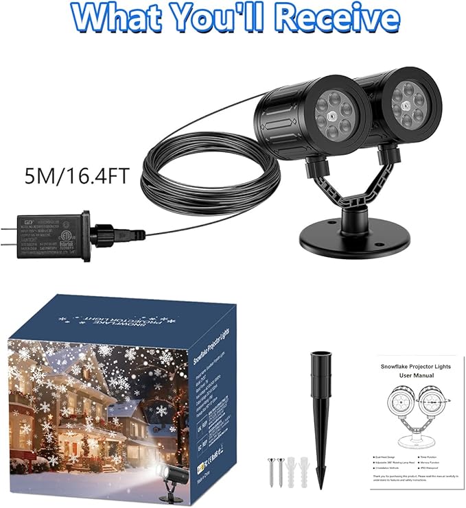 Snowflake Christmas Projector Lights Outdoor, 2025 Upgraded Double Head, 360° Rotating, IP65 Waterproof, Timer Function - Holiday, Party, Christmas Decorations & Gifts for Yard, Garden, Indoor