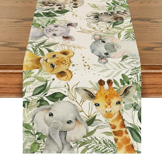 Artoid Mode Animals Elephant Giraffe BabyShower Table Runner, Seasonal Spring Summer Kitchen Dining Table for Home Party Decor 13x90 Inch