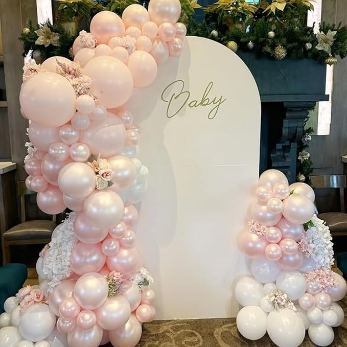 Pearl White and Pink Balloons Arch Double Stuffed Balloons Garland Pare Pink Blush Beige Cream Latex Balloon with Clear Balloon for Neutral Birthday Party Decoration Baby Girl Bridal Shower Wedding