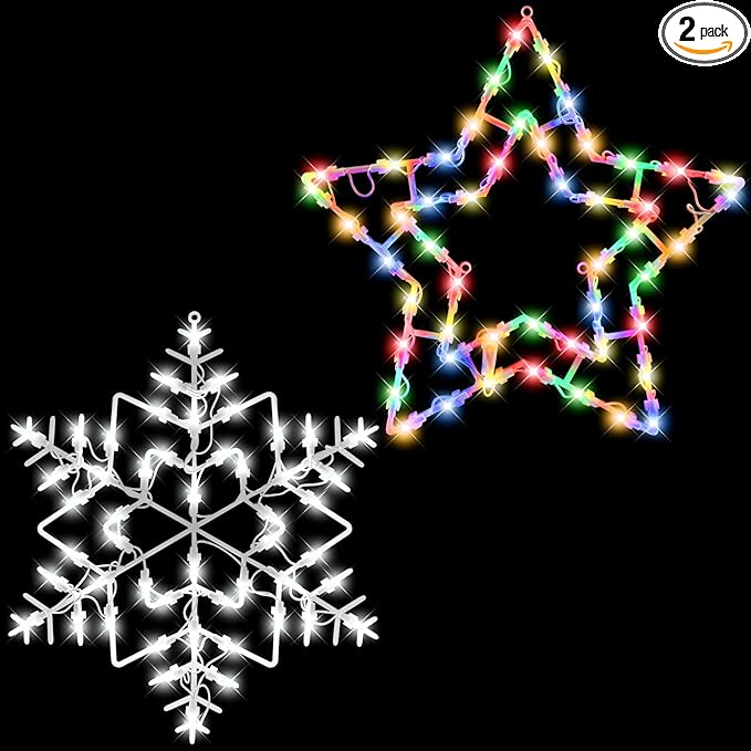 Christmas Window Silhouette LED Lights Decorations, Pack of 2 Sign Lighted snowflake and pentagram Christmas Window Lights with 50 Bulbs for Holiday Indoor Wall Door Glass Decor，Christmas window decor