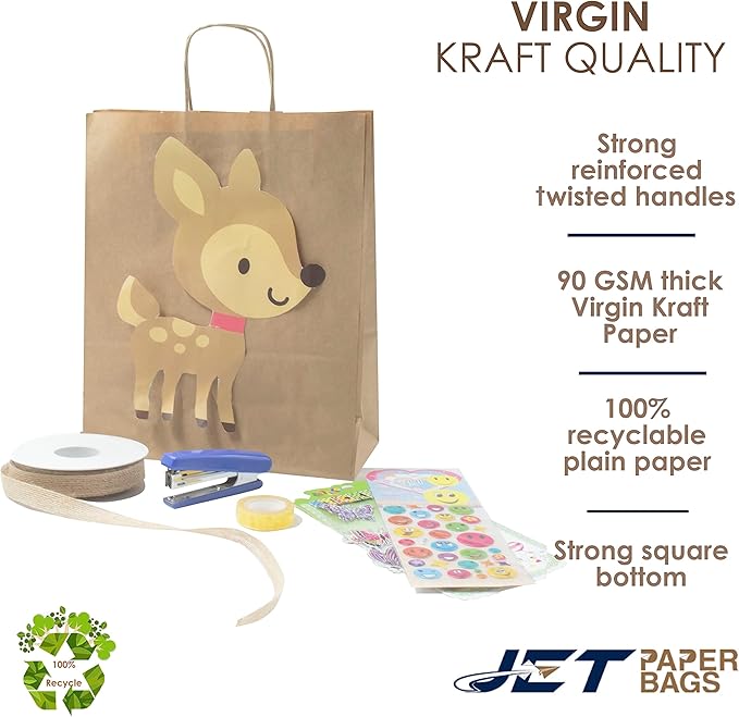 JET PAPER BAGS - 10”x5”x10” Inch [50 Pcs] Medium Brown Paper Bags with Handles Prime for Takeout, Grocery, Goody, Retail, Party, Gifts, Weddings - Recyclable Kraft Paper Gift Bags with Handles