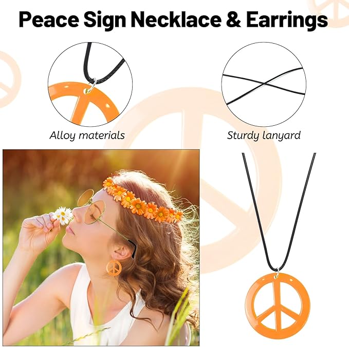 Hippie Costume Set Includes Peace Sign Necklace and Earring, Flower Crown Headband and Sunglasses 60s 70s Party Accessories