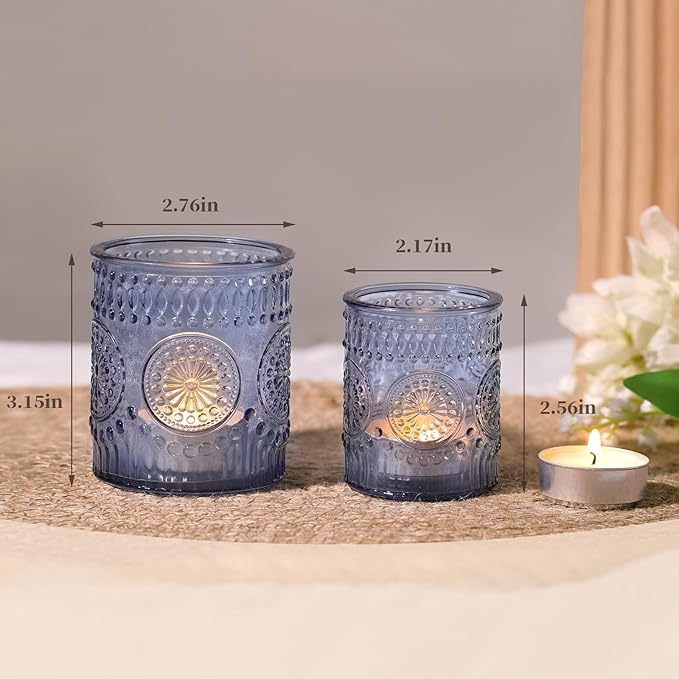 Volens 20pcs Assorted Blue Votive Candle Holders Bulk, Large Glass Votive & Tea Light Candle Holder for Wedding Table Centerpieces, Blue Party Decorations, and Home Decor