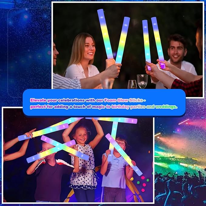 100 Pcs 18.5 inch Foam Glow Sticks Bulk - 4 Colors, Steady Bright Light Up Sticks for Weddings, Birthdays, Christmas, Halloween | Foam Glow Sticks Bulk Reusable, 6-Hr Glow, Eco-Friendly Foam