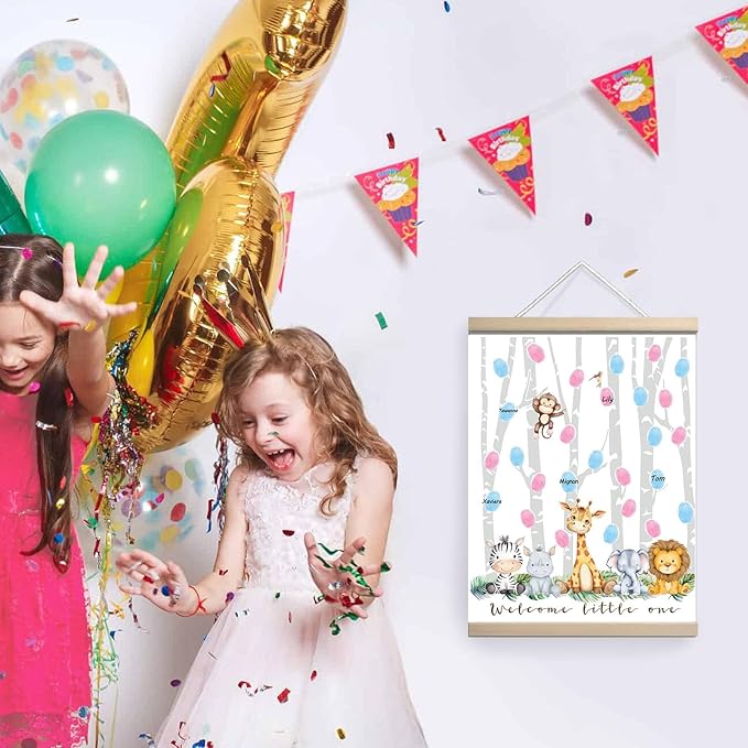 QZCYU Gender Reveal Decorations Fingerprint Tree with Woodland Safari Animals, Gender Reveal Games Canvas Hanging Paintings Decor, Baby Shower Ideas