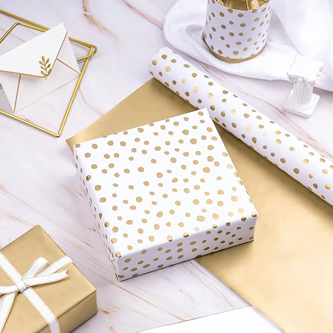 WRAPAHOLIC Reversible Wrapping Paper - Mini Roll - 17 Inch X 33 Feet - Gold Print and Delicate Polka Dots Design for Birthday, Christmas, Wedding, Baby Shower