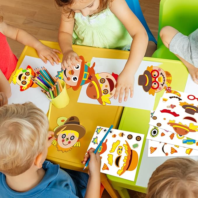chiazllta 30 Pcs Thanksgiving Fall Crafts for Kids DIY Scarecrow Craft Kits Kindergarten Autumn Art Craft Make Your Own Scarecrow Head Set for Home Class Game Activities Preschoolers