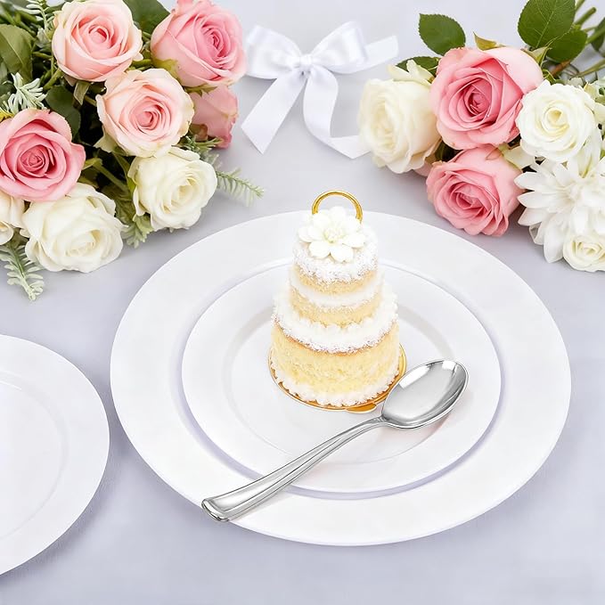 MENDENG 50PCS White Plastic Plates for Party, 25x10.25 Dinner Plates & 25x7.5 Dessert Plates, Heavy Duty Disposable Plastic Plates for Wedding Party Picnic Family Dinner