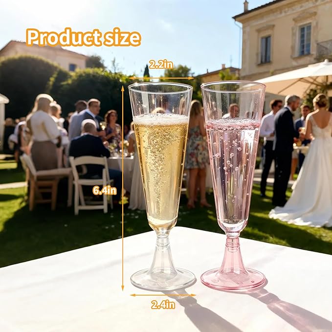 Plastic Champagne Flutes 50 Pack 5.5 Oz Plastic Champagne Glasses Disposable Mimosa Glasses Clear Unbreakable Toasting Cups for Wedding, Party, Birthday, New Years Eve Party Supplies(Pink & Clear)