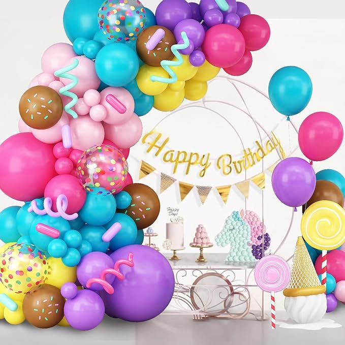 Rainbow Colorful Balloons Arch for Candy Sweet One Two Donut Grow Up Ice Cream Birthday Party Decorations Pastel Purple Pink Blue Yellow Brown Confetti Latex Balloons Garland with Long Balloon