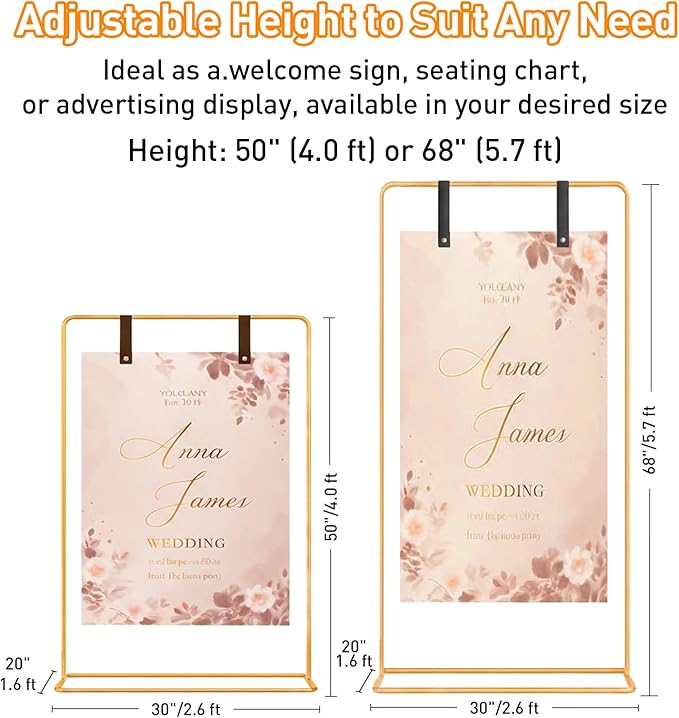 Adjustable Wedding Sign Stand, Wedding Welcome Sign Holder with Leather Sign Hanging Straps, Easel Stand for Sign Display Reception, Party Decor, Portable Sign Holder for Wedding & Baby Showers (Gold)