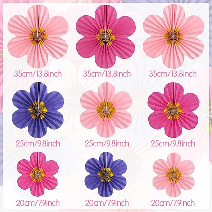 9 PCS Paper Fans Decorations, Pink and Purple Birthday Decorations, Paper Flowers, Classroom Decoration