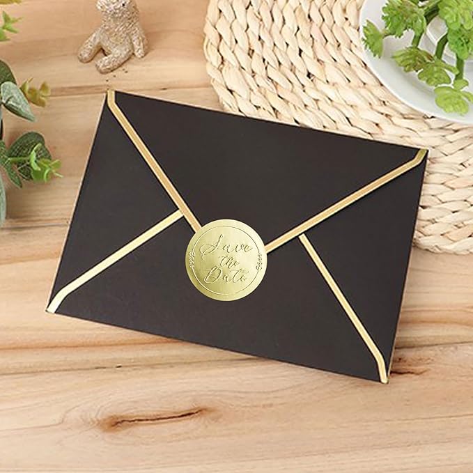 100 x Save The Date Stickers – Embossed Gold Foil Labels – Elegant Envelope Seals for Wedding Invitations & Party Favors – Metallic Foil Tags, 1.6 Inch
